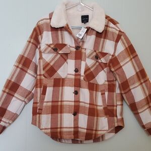 Love Tree Tan and Cream Plaid Jean Jacket with Sherpa Collar